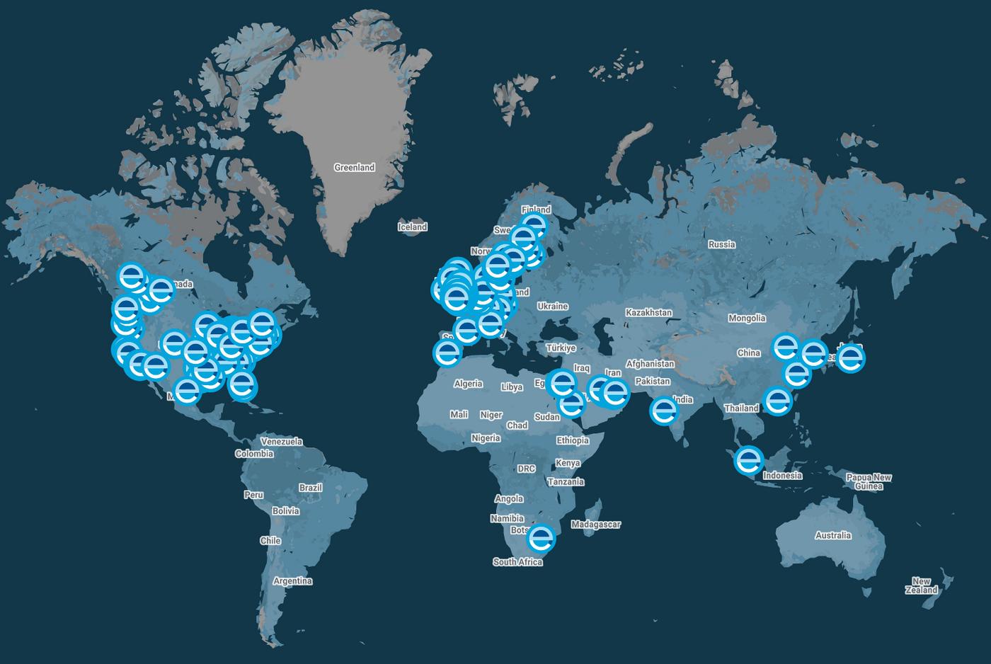 Una mappa che mostra le ubicazioni di Element in tutto il mondo. Ci sono sedi in quasi tutti i paesi europei e nella maggior parte degli Stati Uniti, con sedi anche in Medio Oriente, nel subcontinente indiano e nell'Estremo Oriente.